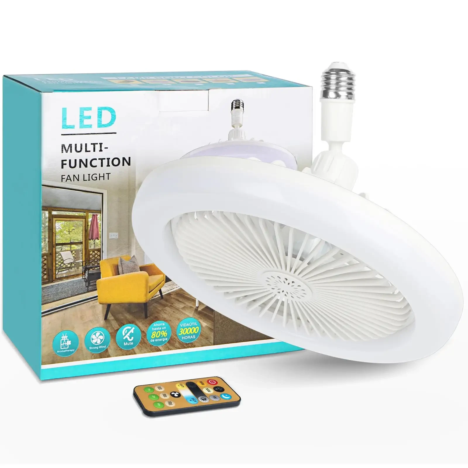 Ventilador de techo 3 en 1 con lámpara de iluminación, base convertidora E27 con control remoto inteligente para dormitorio, sala de estar, hogar, silencioso, Voltaje  85-265 V